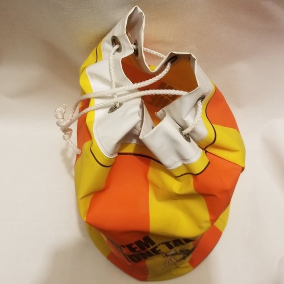 vtg orange & yellow striped vinyl bag w girl & dog - Picture 7 of 14